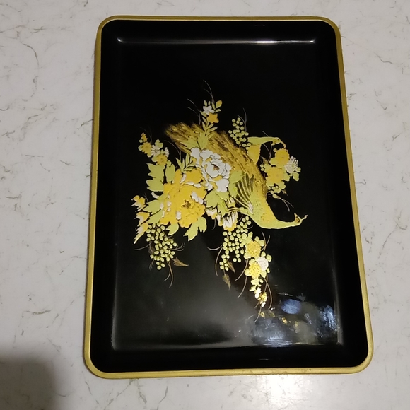Otagiri Original Gold Peacock Flowers Black Lacquer Tray Dish Hand Crafted Japan - Picture 4 of 14